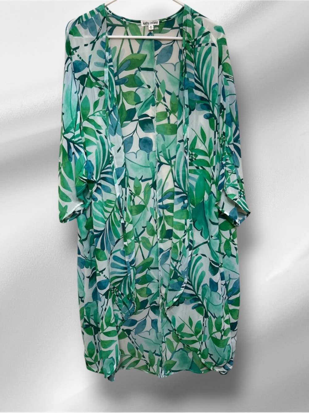 Kathy Ireland Lightweight Green Leaf Print Kimono or Coverup Like New 2X
